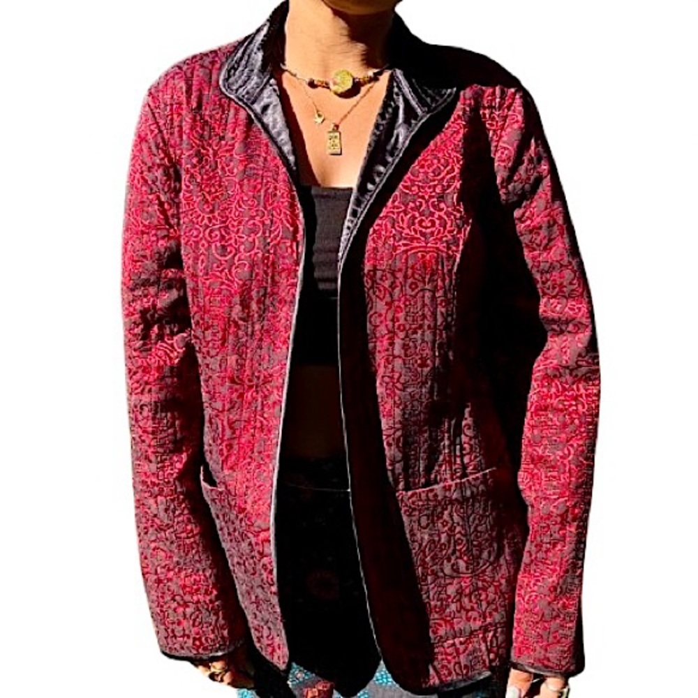 {chico’s} Vintage Brocade Quilted Red & Black Embroidered Oriental Jacket